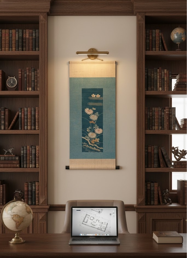 海外の書斎に飾られた、オリエンタルなアクセントとしてのアート